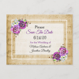 Postale Faire-part Partition Rose violet Enregistrer la date Carte po