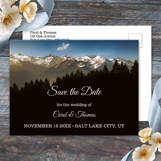 Postale Faire-part Pine Tree Mountains Enregistrer la date Carte post