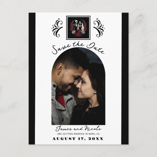 Postale Faire-part Rouges & Noires Roses blanches Squelette Carte de  (Devant)