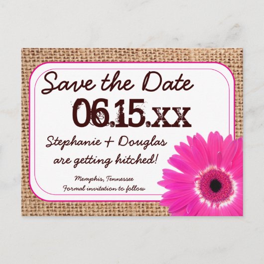 Postale Faire-part Rustic Rose Daisy Burlap Enregistrer la date Carte (Devant)