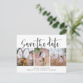 Postale Faire-part Script rustique Trois photos Enregistrer la carte  (Debout devant)