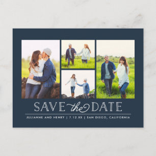Postale Faire-part Stylish Navy 4 Photo Enregistrer la date Carte pos