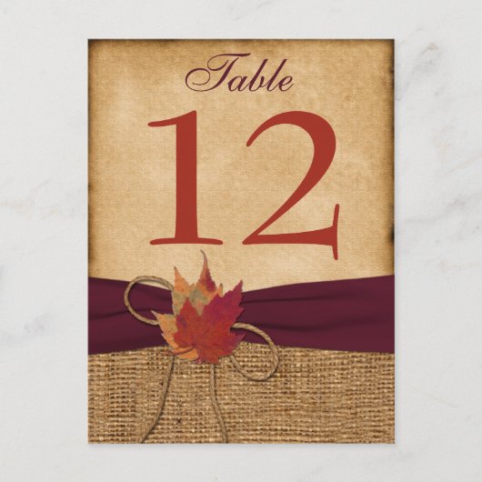 Postale Feuilles d'automne FAUX Burlap Carte Numéro de tab (Devant)