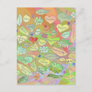 Postale Feuilles, Fleurs, Coeurs / Mots Conscients Carte p