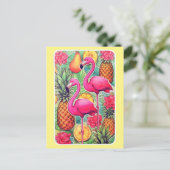 Postale Flamants roses et ananas - Carte tropicale estival (Debout devant)