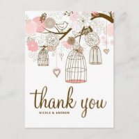 Fleurs et oiseaux roses et Brown Carte de remercie
