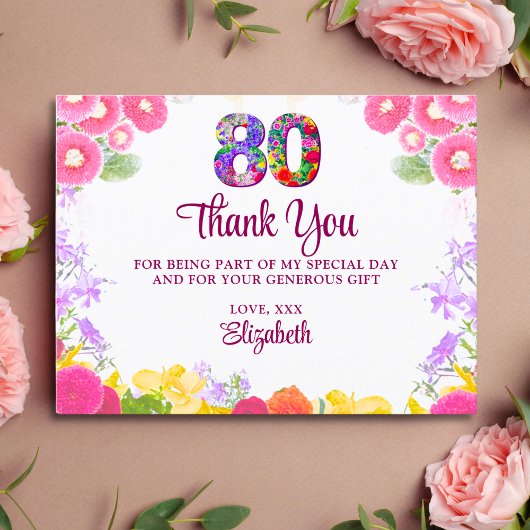 Postale Floral 80e anniversaire carte de remerciements 80