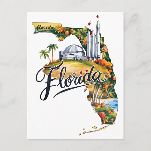 Postale Floride États-Unis Carte de l'État à l'aquarelle v (Devant)