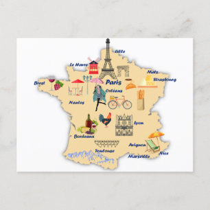 Postale France Carte des destinations touristiques avec de