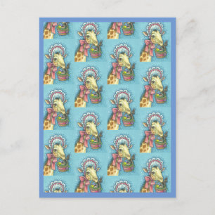 POSTALE GIRAFFE DE BONNET DE PÂQUES, BASKET D'OEUFS CARTE