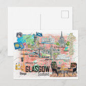 Postale Glasgow Écosse Carte de voyage illustrée avec rout (Devant / Derrière)