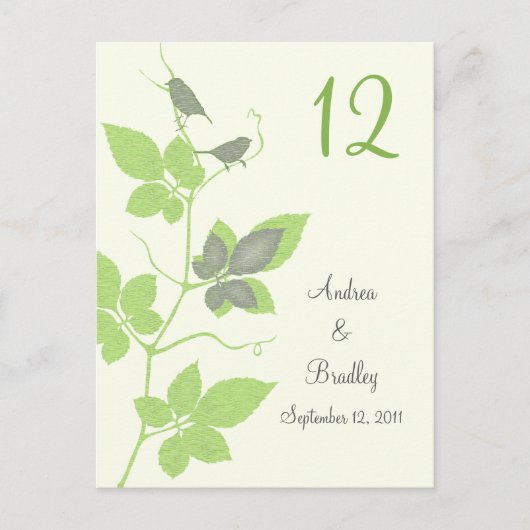 Postale Green Grey Birds Vines Mariage Carte Numéro de tab (Devant)