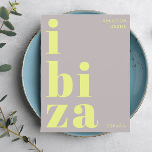 Postale Ibiza Espagne typographie moderne jaune Carte post