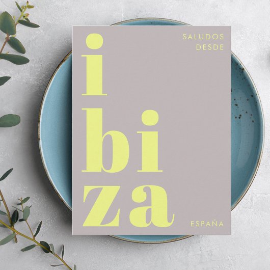 Postale Ibiza Espagne typographie moderne jaune Carte post