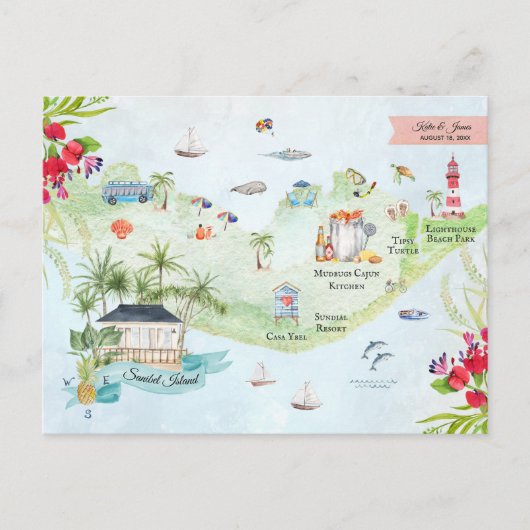 Postale Île de Sanibel | Carte d'itinéraire de mariage de  (Devant)