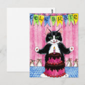 Postale Jolie carte de chat avec gâteau de célébration ros (Devant / Derrière)