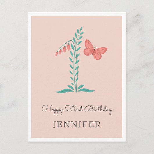 Postale Joyeux 1er anniversaire Bébé Fille Papillon Carte  (Devant)