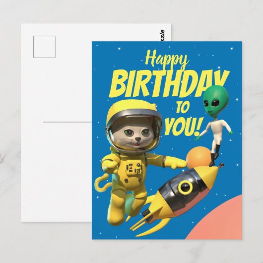 Postale Joyeux Anniversaire Astronaute et Carte de vœux am (Devant / Derrière)