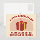Postale Joyeux anniversaire, carte cerise sur le cadeau (Devant / Derrière)