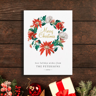 Postale Joyeux Noël Poinsettia Fleurs Carte de couronne