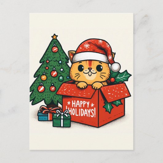 Postale Joyeux Noël Surprise : Chat de Noël dans une carte (Devant)