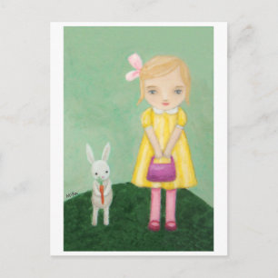 Postale Lapin blanc avec carte fille robe jaune avec lapin
