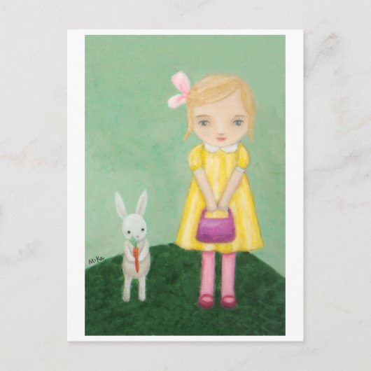 Postale Lapin blanc avec carte fille robe jaune avec lapin (Devant)