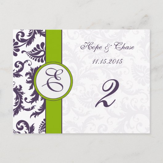 Postale Lapis Purple Damask Apple Green Table Numéro Carte (Devant)