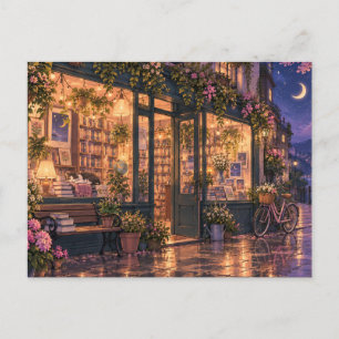 Postale Librairie Cosy par une Nuit Pluvieuse Carte Postal