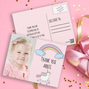 Postale Licorne rose / Carte de remerciement d'anniversair