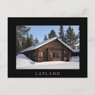 Postale Log cabine dans la neige, Laponie noir texte carte