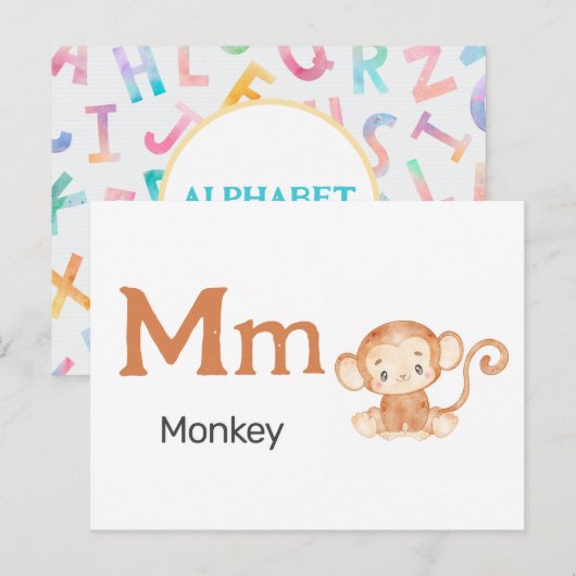 Postale M est pour Singe - Carte Flash Alphabet (Devant / Derrière)