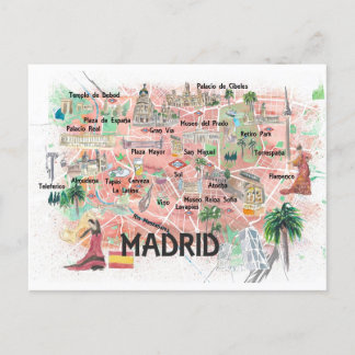 Postale Madrid Espagne Carte de Voyage Illustrée avec Rout