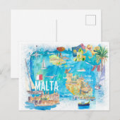 Postale Malte Carte de voyage illustrée des îles avec rout (Devant / Derrière)