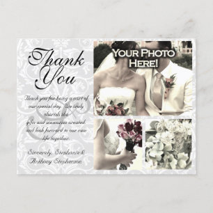 Postale Mariage damassé blanc/gris Carte de remerciements
