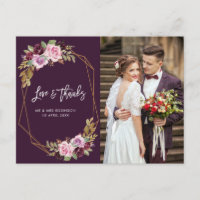 mariage moderne violet fleuri merci carte photo