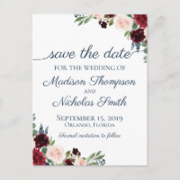 Marine et Marsala Floral Enregistrer la date Carte