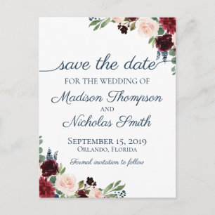 Postale Marine et Marsala Floral Enregistrer la date Carte