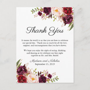 Postale Marsala & Pink Floral Lieu Cadre Carte de remercie