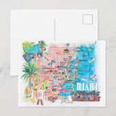 Postale Miami Floride Carte de Voyage illustrée avec les r (Devant / Derrière)