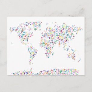 Postale Music Notes Carte du monde