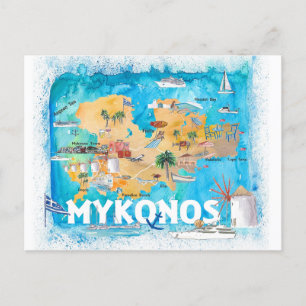 Postale Mykonos Grèce Carte illustrée avec les routes prin
