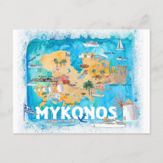 Postale Mykonos Grèce Carte illustrée avec les routes prin
