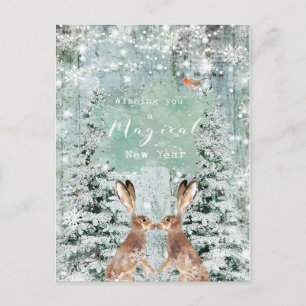 Postale nouvelle année vacances hiver robin lièvres carte