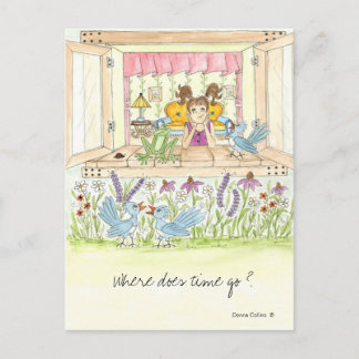 Postale Où le temps va petite fille dans la fenêtre Carte