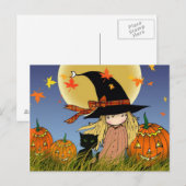 Postale Petite carte de Halloween de sorcière et chat (Devant / Derrière)