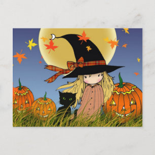 Postale Petite carte de Halloween de sorcière et chat