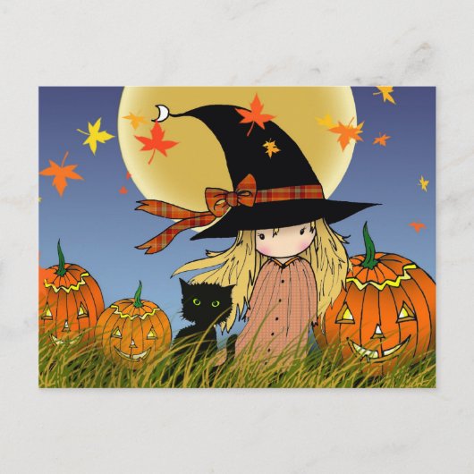 Postale Petite carte de Halloween de sorcière et chat (Devant)