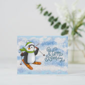 Postale Pingouin avec carte de ski (Debout devant)