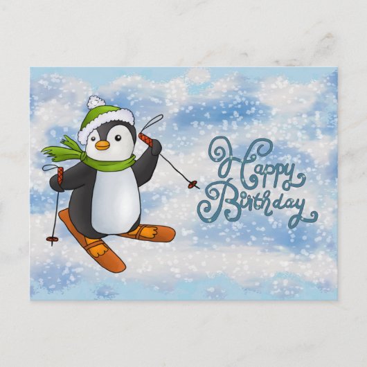 Postale Pingouin avec carte de ski (Devant)